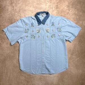 Vintage 90s Jane Ashley Floral Embroidered Button Up Shirt Denim Collar Blue